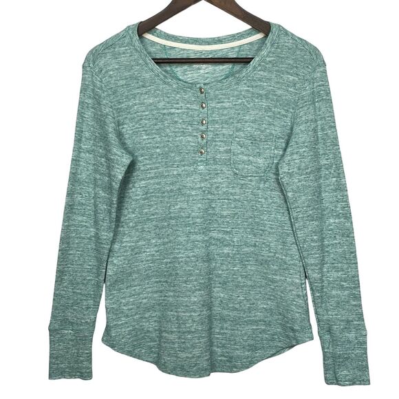 Woolrich 5-Button Popover Thermal Shirt Women Size M‎ Space Dye Green Curved Hem - Picture 1 of 11
